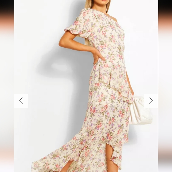 Boohoo FLORAL PUFF ONE SHOULDER RUFFLE MAXI DRESS - Picture 3 of 3